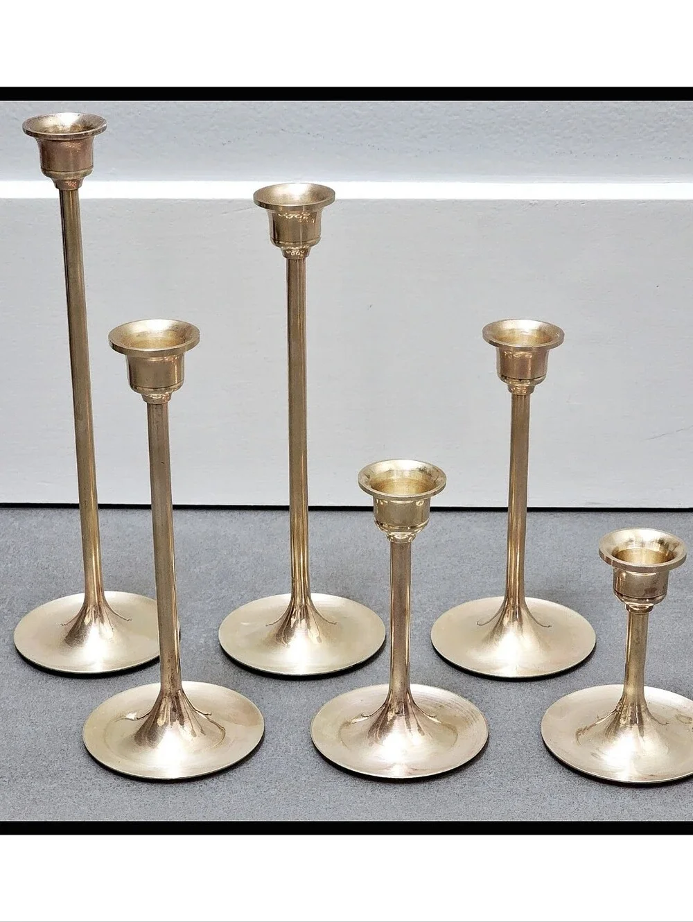 Set Of 6 MCM Vintage Solid Brass Stem Taper Candlestick Holders Graduated Height